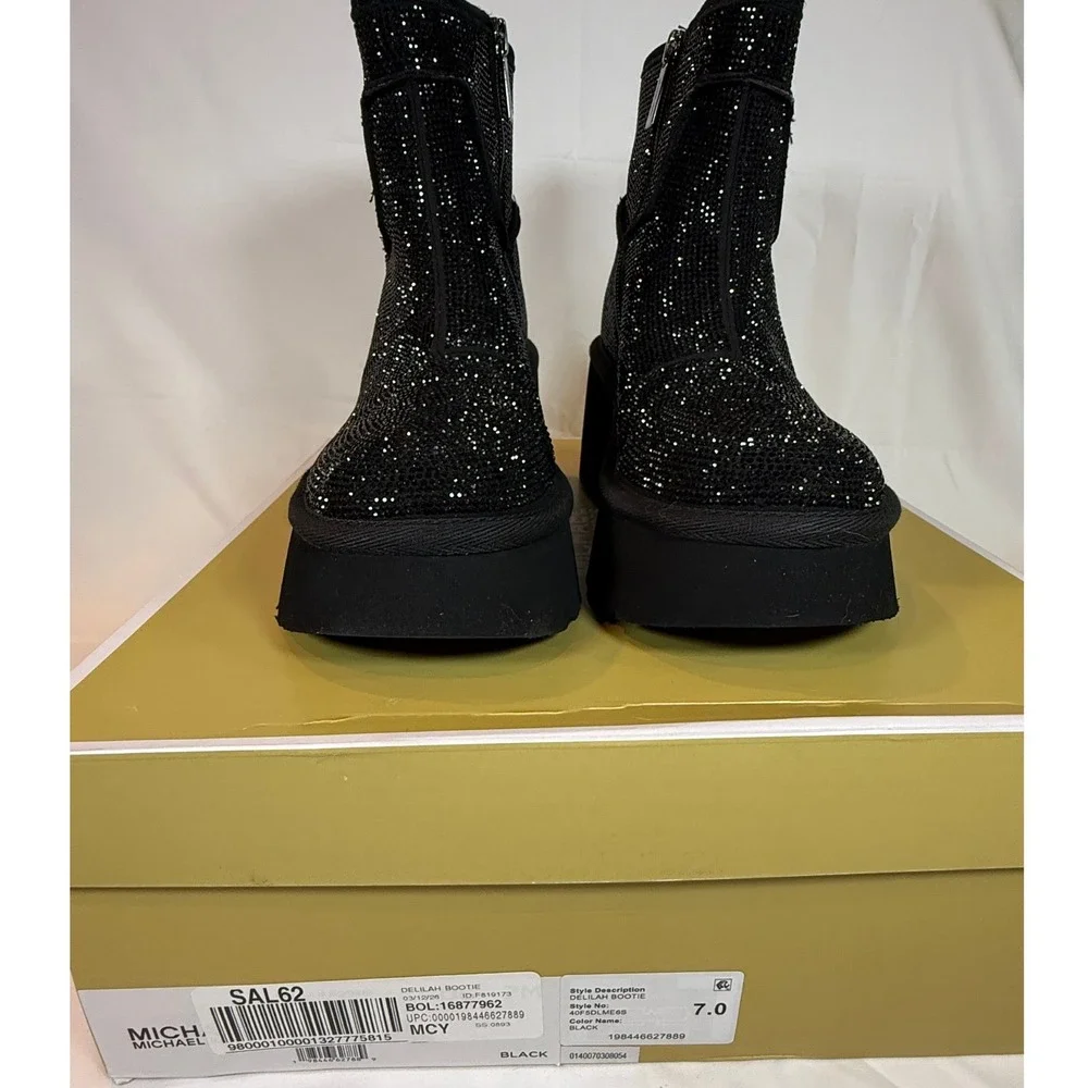 Michael Kors Delilah Bootie Black Rhinestone Platform Lug Sole Boots Womens 7 - Picture 2 of 10